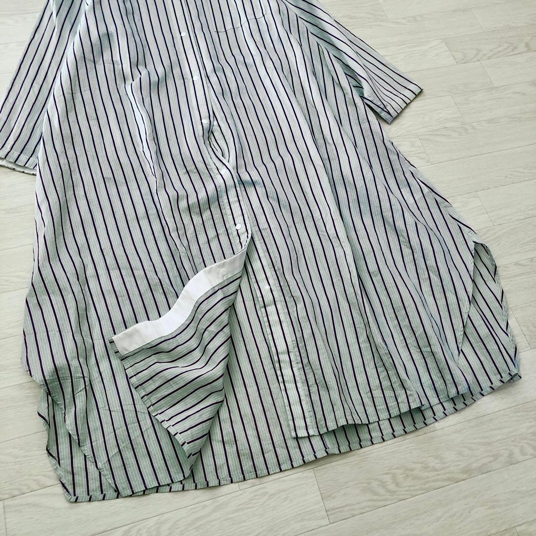 ユニ　yuni バンドカラーシャツロングワンピース ストライプ　バイカラー