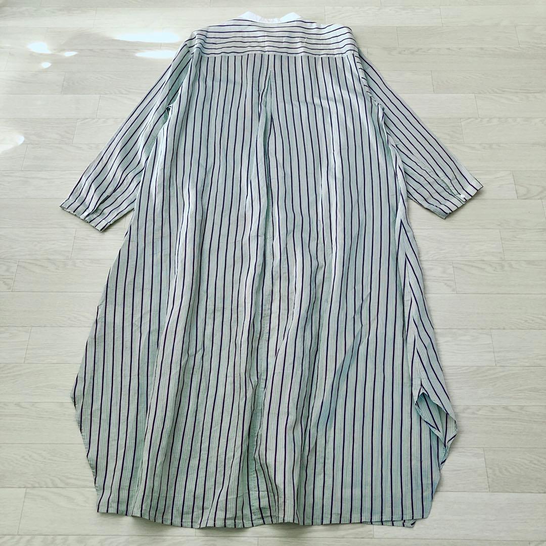 ユニ　yuni バンドカラーシャツロングワンピース ストライプ　バイカラー