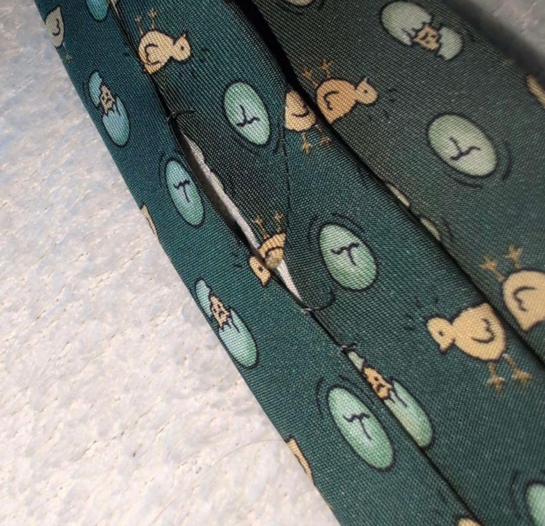 HERMES　エルメス　ネクタイ　ヒヨコ　タマゴ　総柄　グリーン