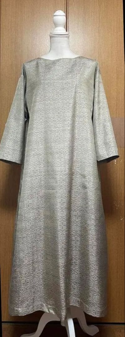 着物リメイク　大島のAラインワンピース　リボン(共布紐ベルト)付き