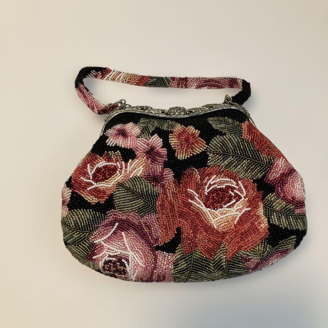 【希少】花柄総ビーズ刺繍がま口バッグ