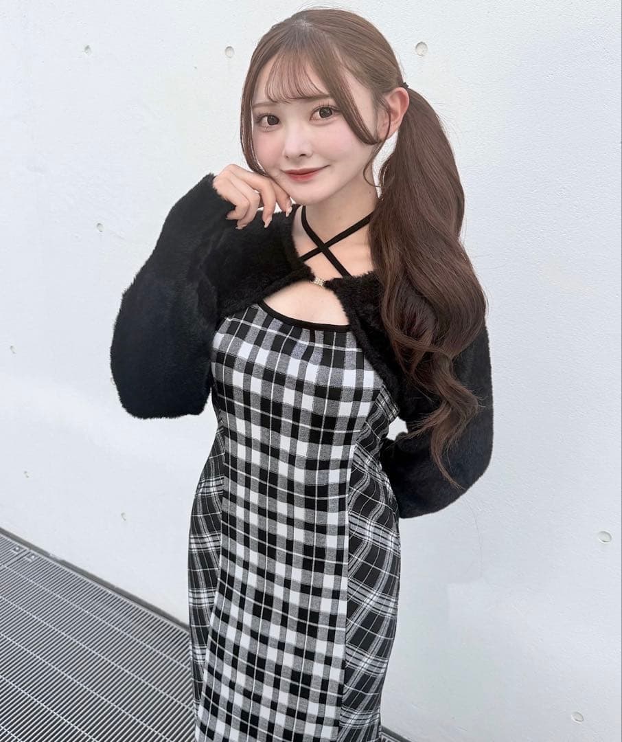 oneway NOMAE シャギーボレロロングチェックワンピース