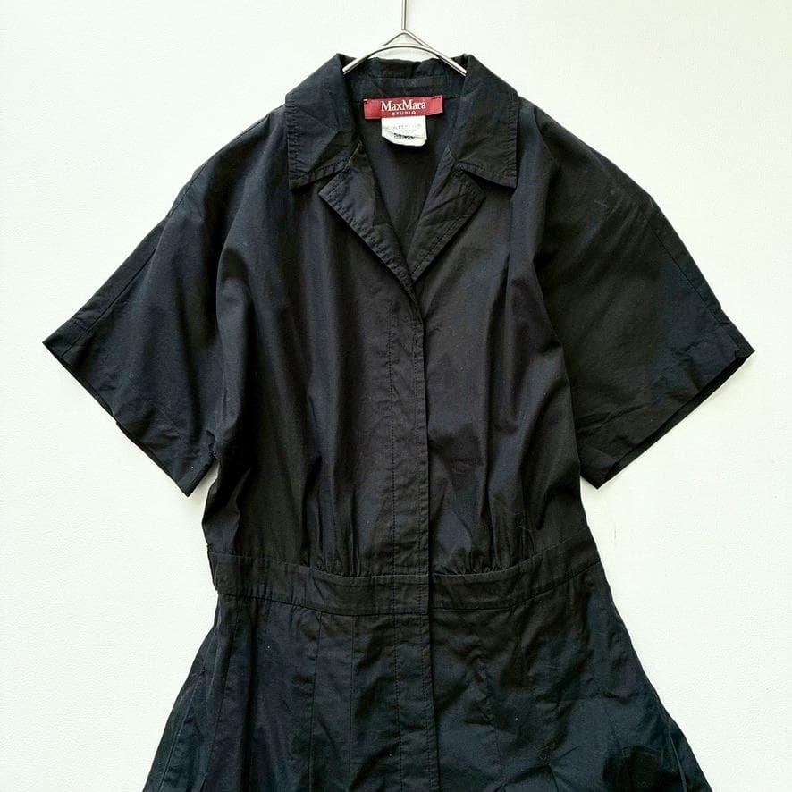 【近年モデル】MaxMara　半袖シャツワンピース タック フレア ブラック