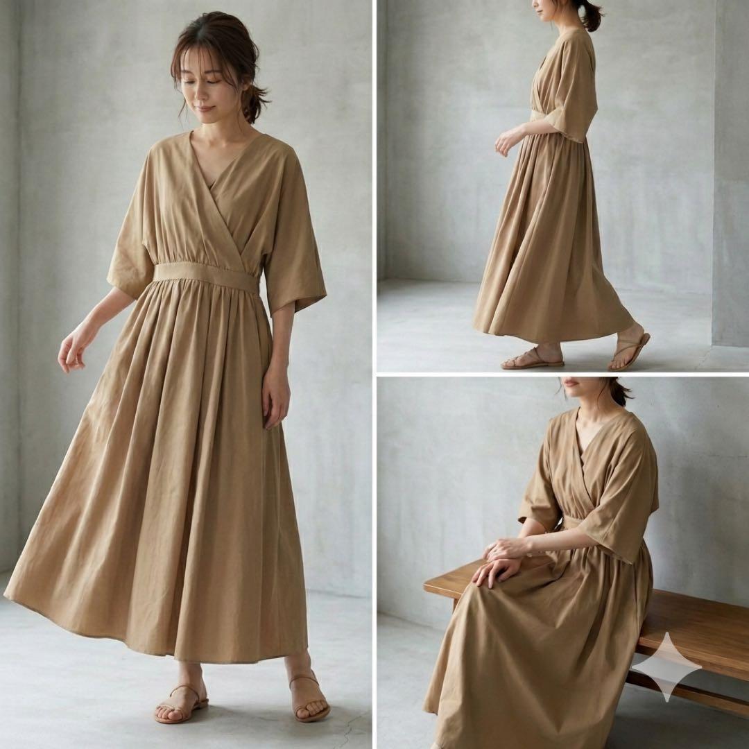 美品　ebure コットン カシュクール フレアワンピース ベージュ 38