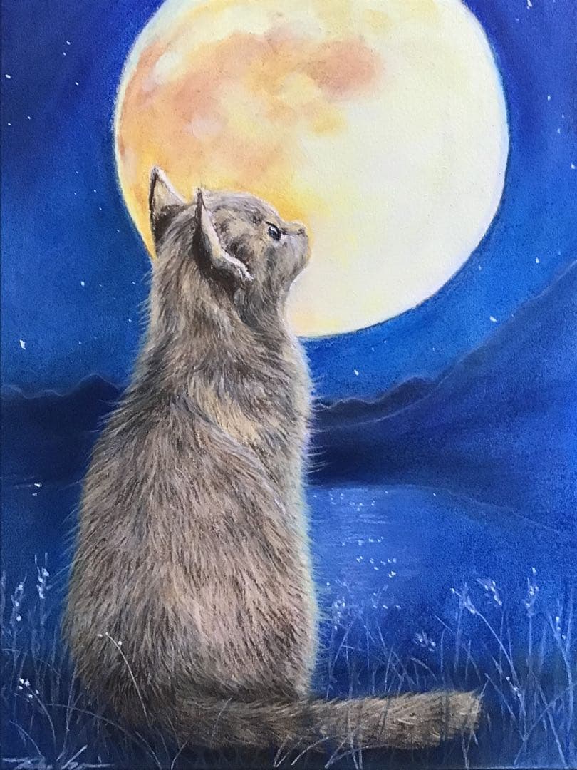 見上げる月　ハンドメイドパステル画　絵画アート原画