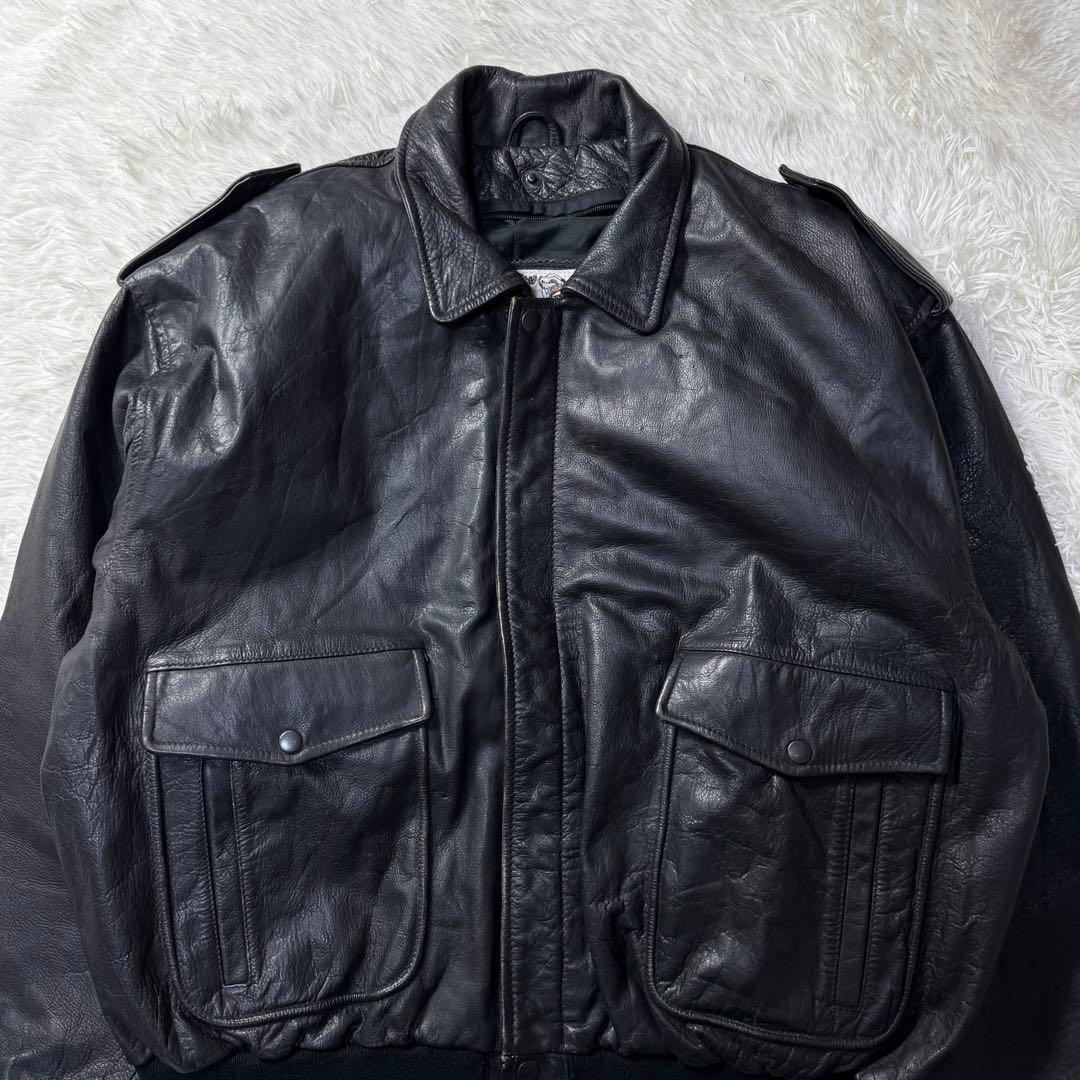 【90s】A-2 ブラックレザー フライトジャケット 牛革 ナッパレザー XL