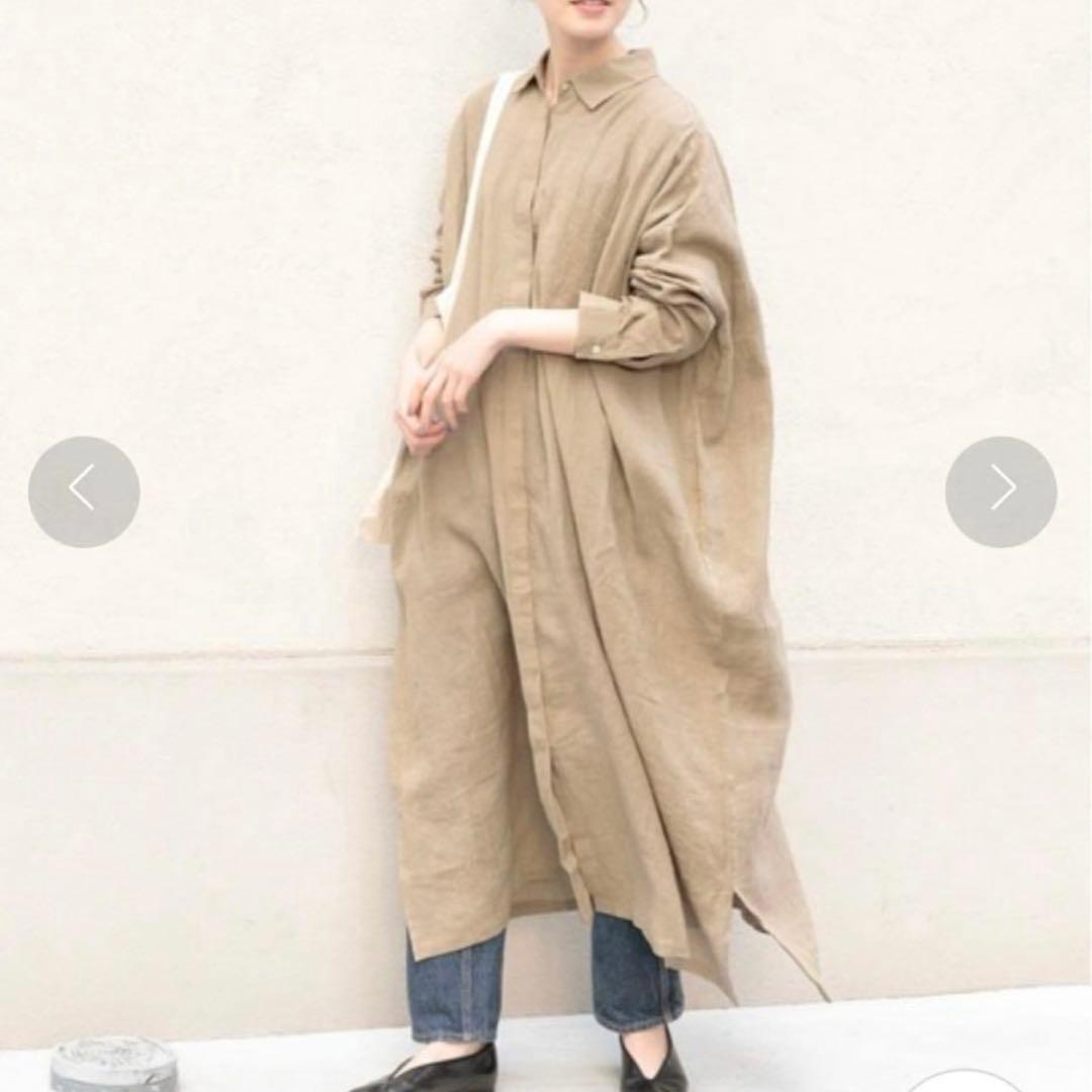 美品 かぐれ リネンシャツワンピース 近年モデル ロングワンピース 長袖 マキシ