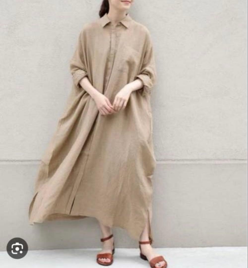 美品 かぐれ リネンシャツワンピース 近年モデル ロングワンピース 長袖 マキシ