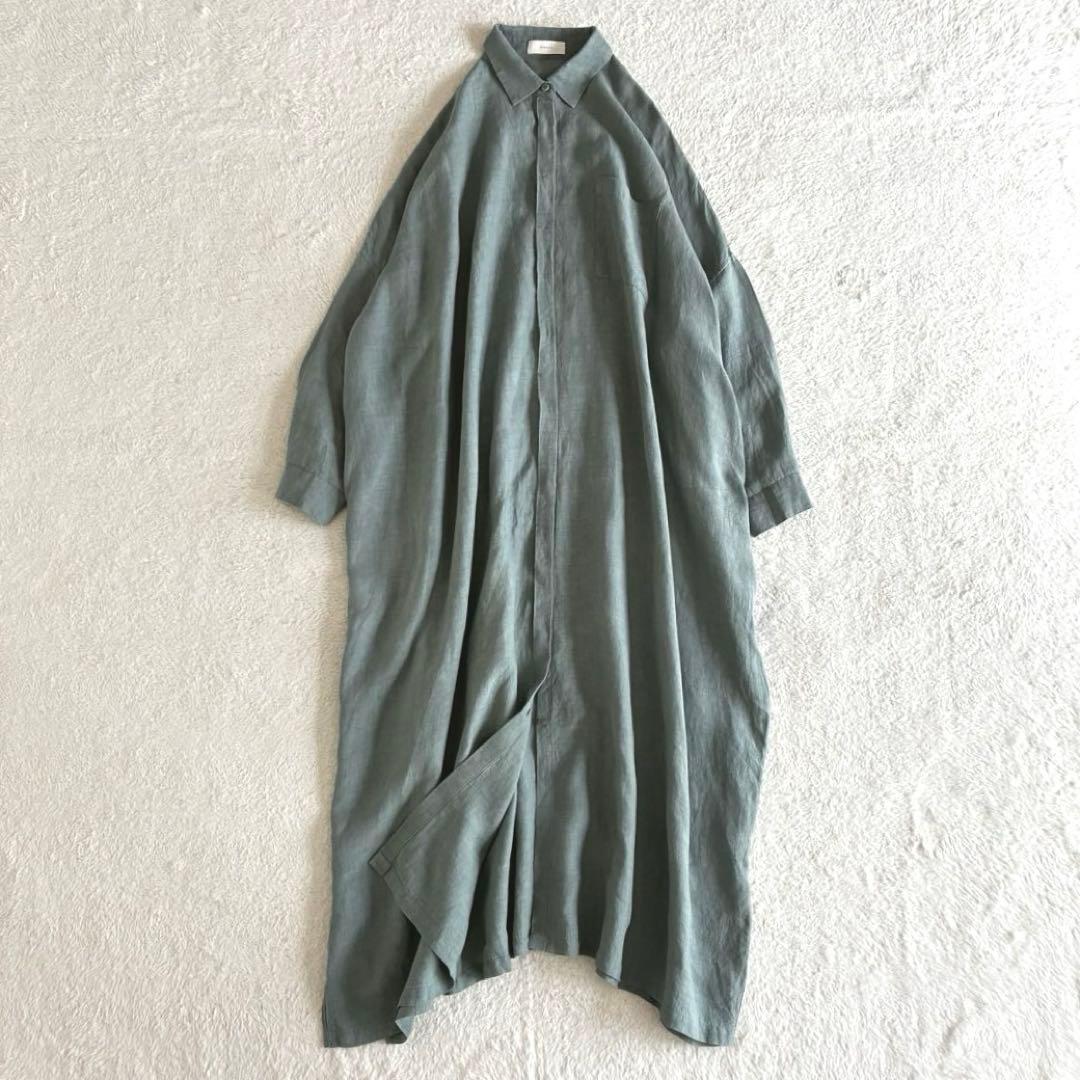 美品 かぐれ リネンシャツワンピース 近年モデル ロングワンピース 長袖 マキシ