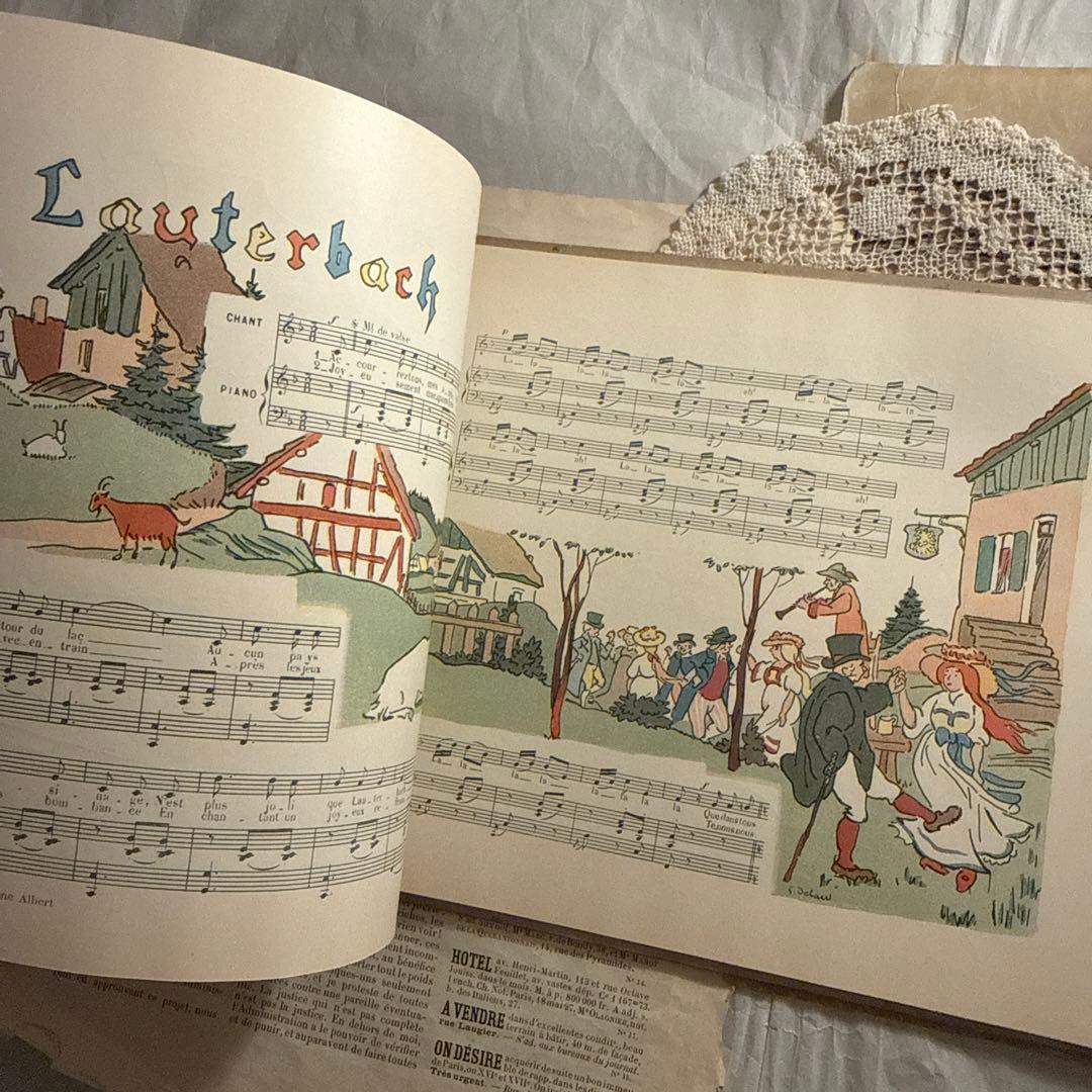 1910年フランス語アンティーク絵本　洋書　古書　楽譜ジャンクジャーナル