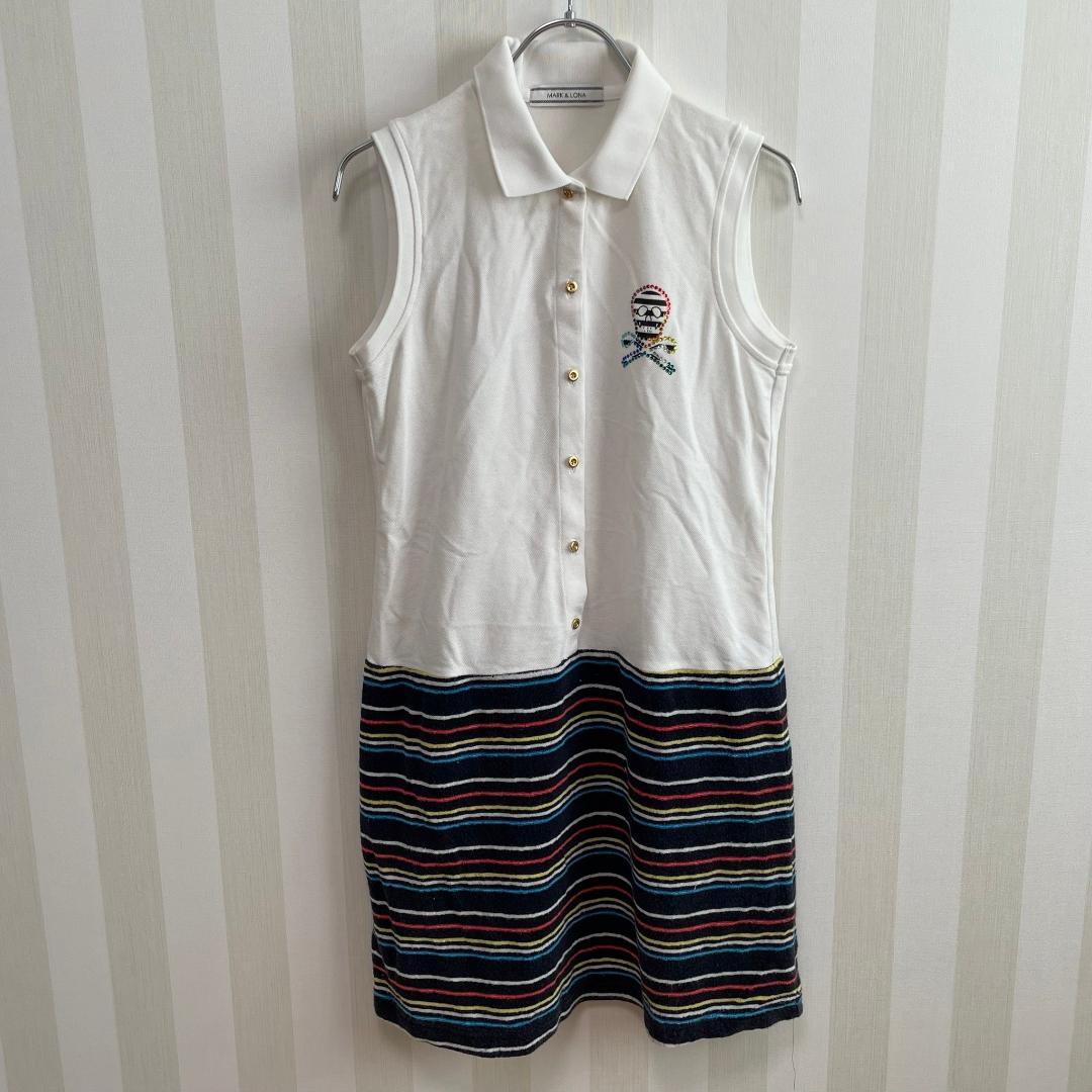 MARK&LONA ワンピース M ノースリーブ ボーダー スカルロゴ ゴルフ