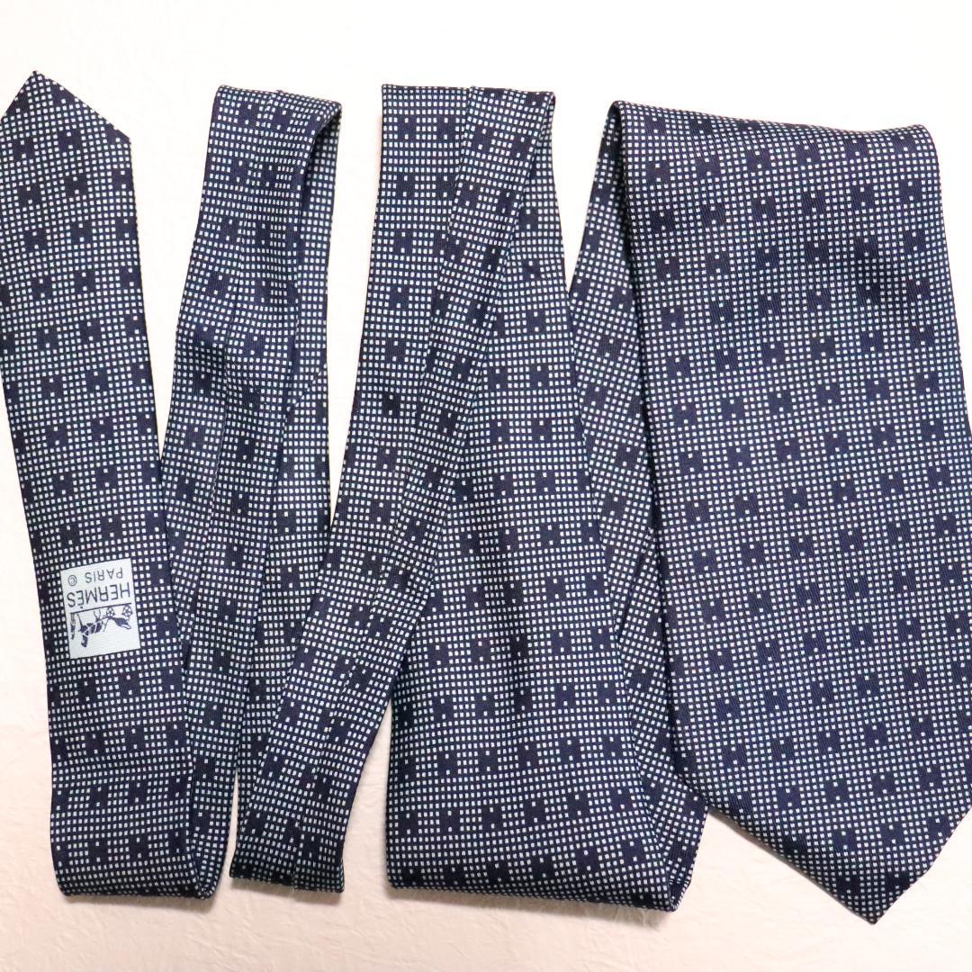 超美品 ネクタイ エルメス HERMES H柄 総柄 ネイビー フランス製