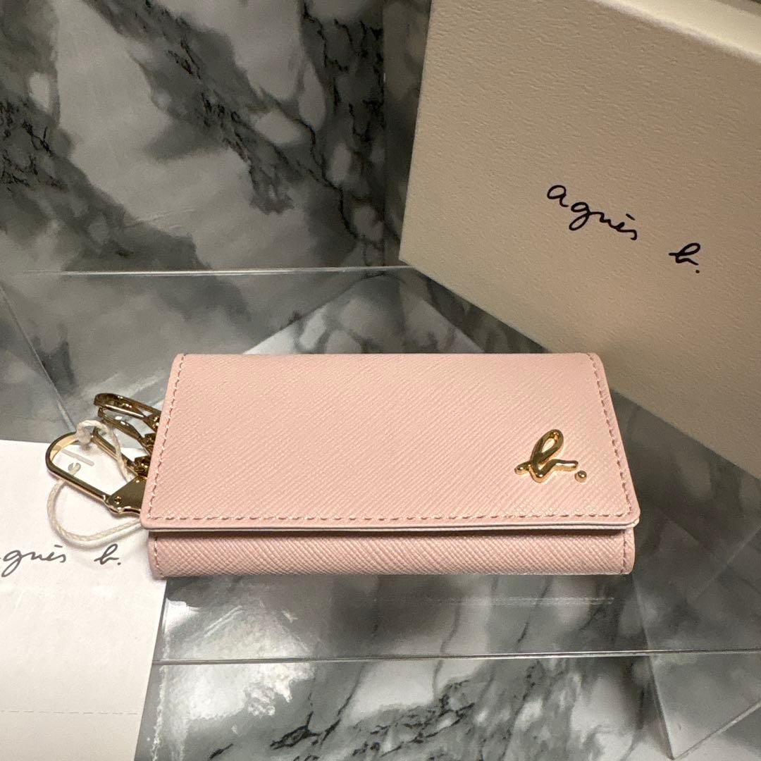 新品未使用　agnès b. レザーキーケース4連　ピンク　ゴールドロゴ