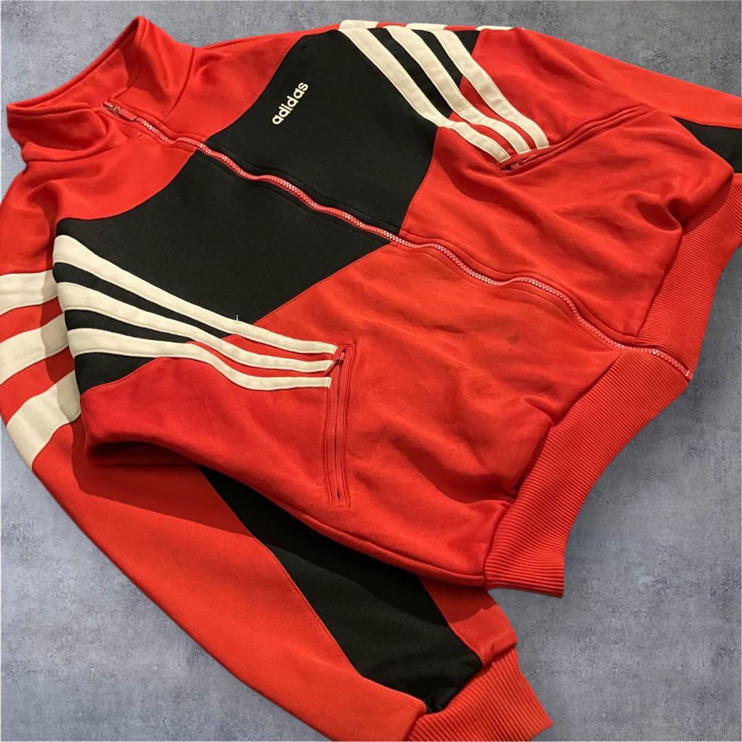 adidas 90s トラックジャケット L相当 赤黒 ワイドシルエット**