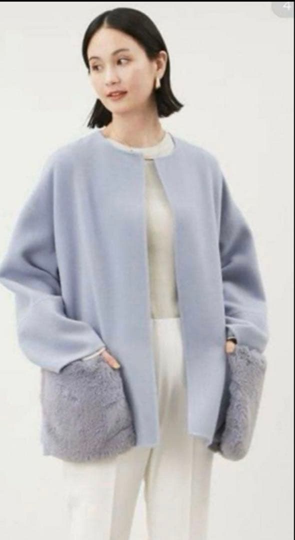 完売　秋冬　MilaOwenファーポケットリバーコート　ブルー　ワンサイズ