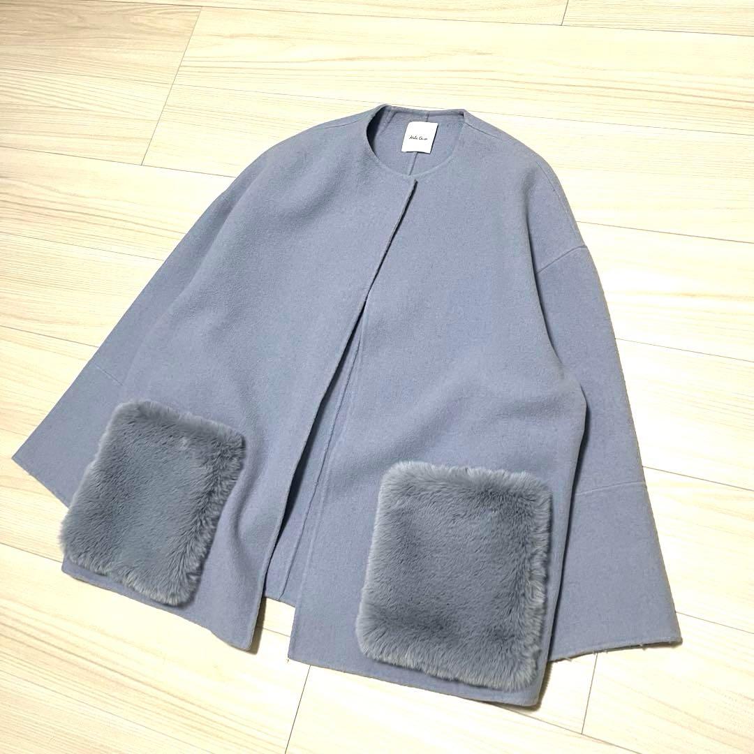 完売　秋冬　MilaOwenファーポケットリバーコート　ブルー　ワンサイズ