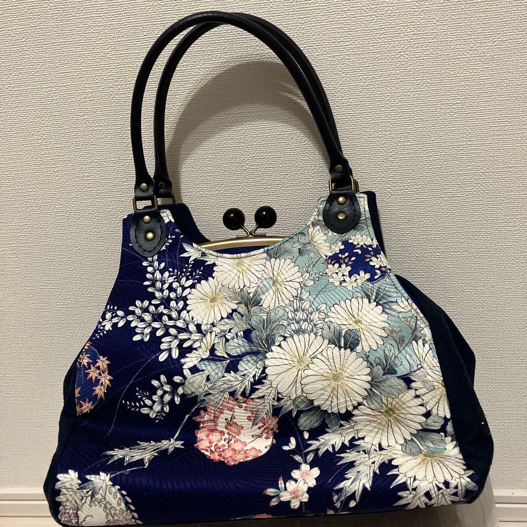 Midori Obi Arts花柄和装用バッグ 紺色 大きめ