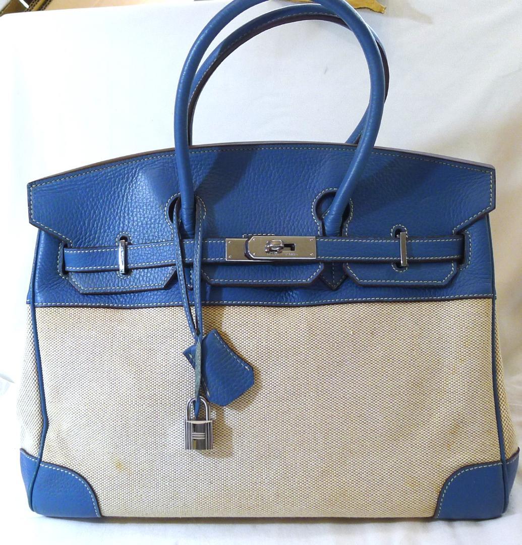 【人気モデル】ブルーレザー＆生成りキャンバスBAG35㎝（キー＆クシュレット付）