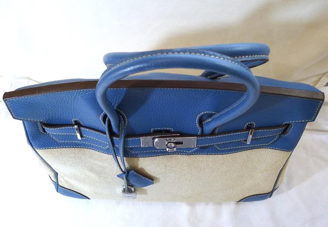 【人気モデル】ブルーレザー＆生成りキャンバスBAG35㎝（キー＆クシュレット付）