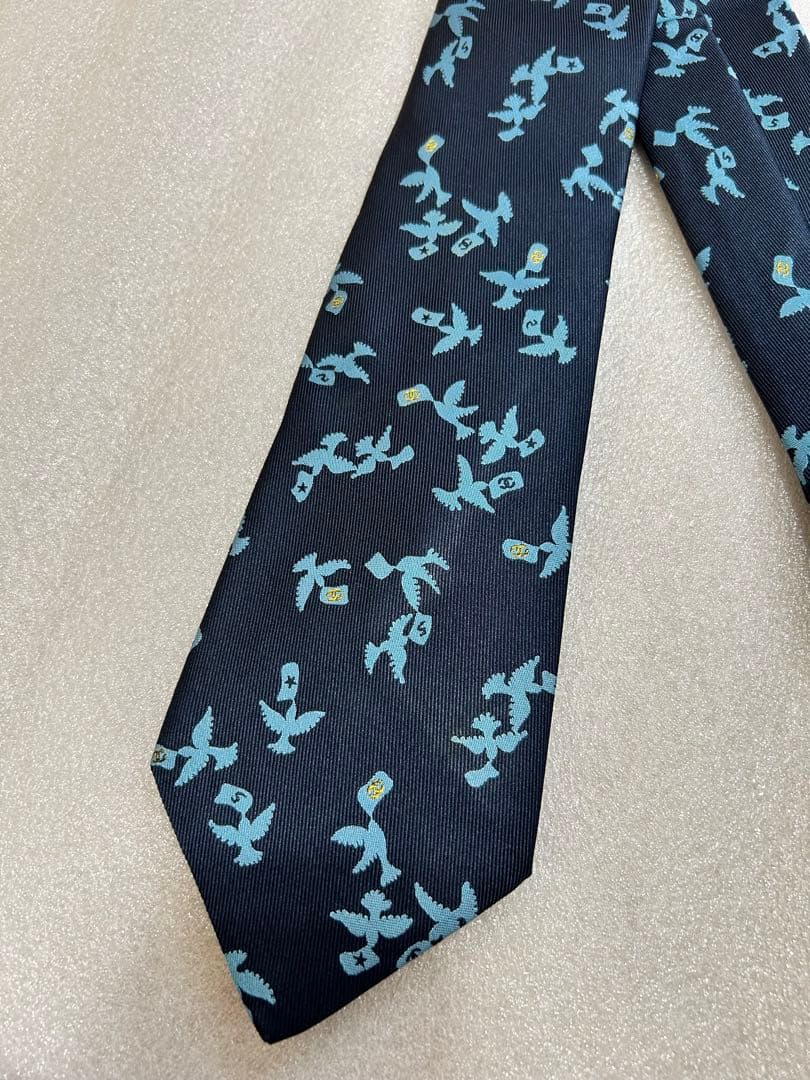 美品✨CHANEL シャネル ネクタイ チェーン付 ココマーク 動物柄 鳥 小紋