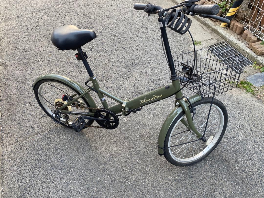 折りたたみ自転車 オリーブグリーン バスケット付き　引き取り限定