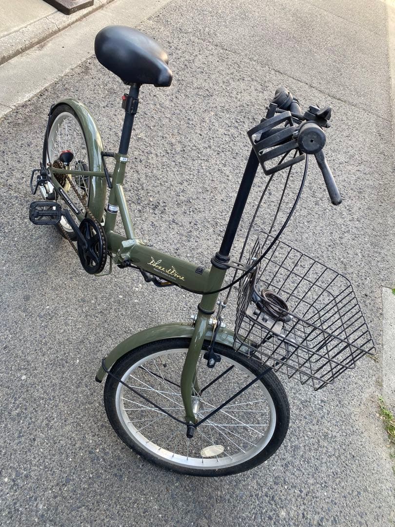 折りたたみ自転車 オリーブグリーン バスケット付き　引き取り限定
