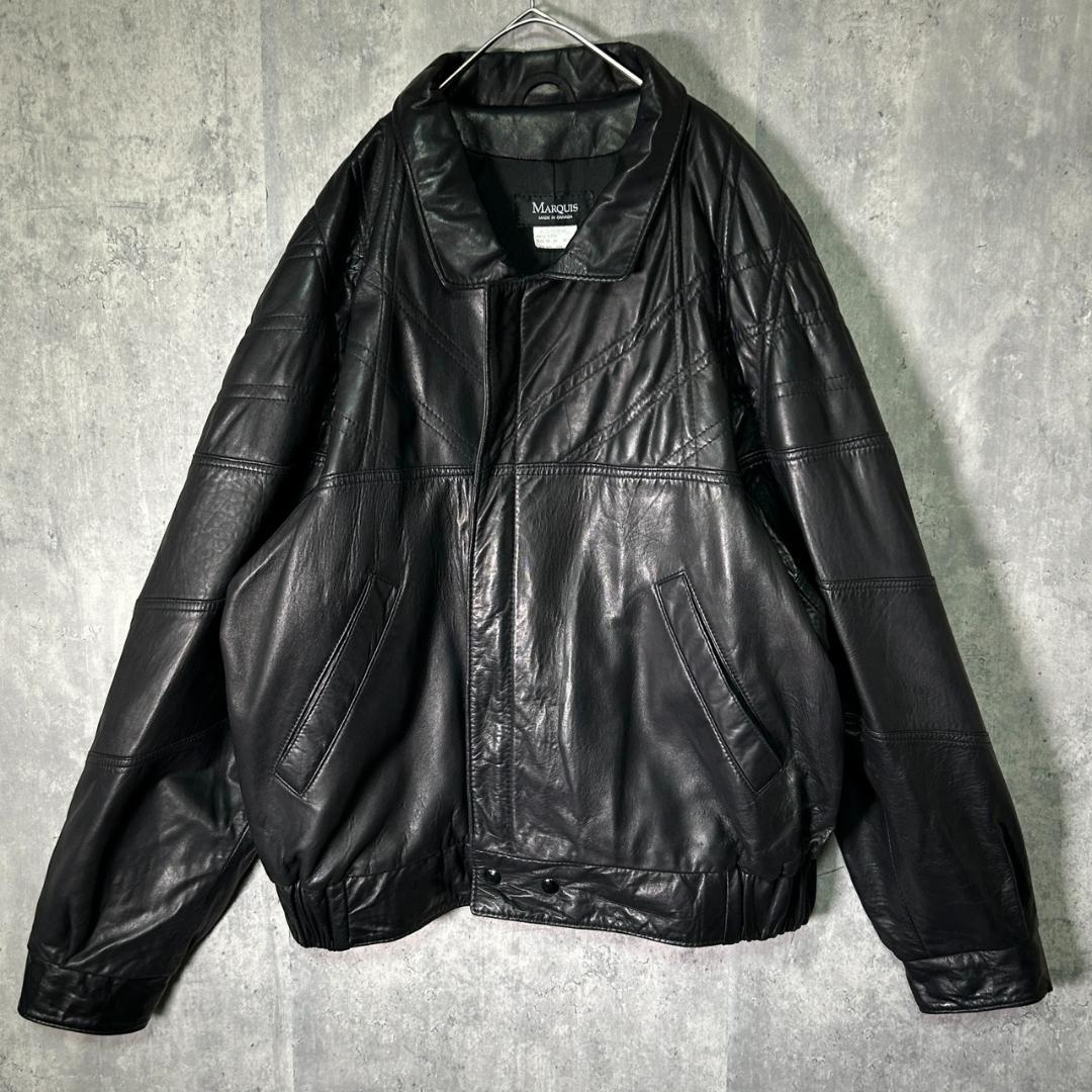 希少 カナダ製 ラムレザージャケット 黒 ステッチデザイン 肩パッドなし