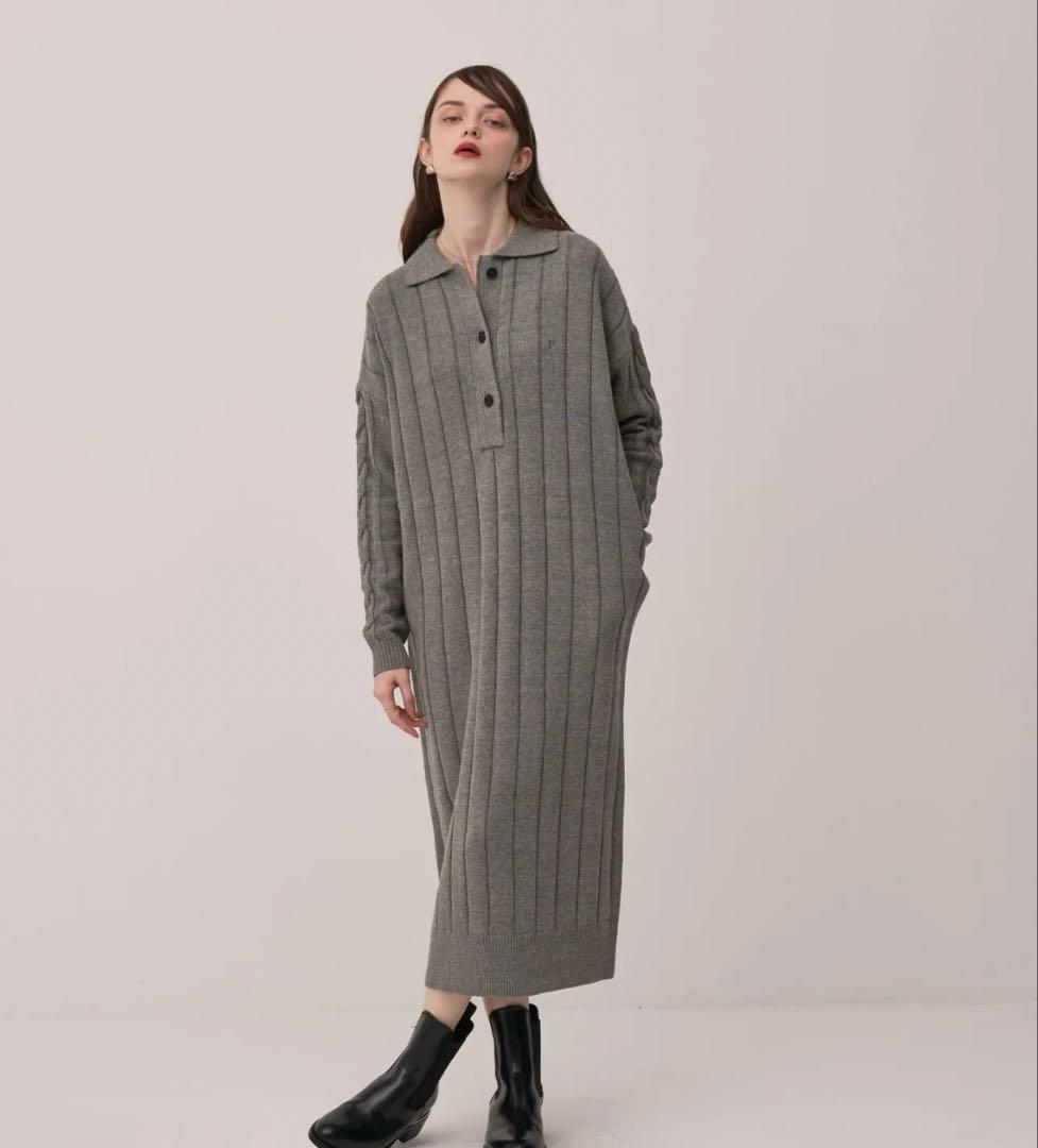 PINUE ポロカラーリブニットワンピース　GRAY