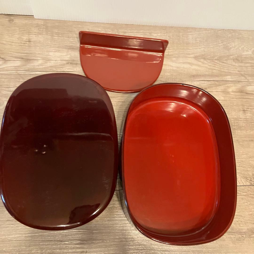 E-1 【味わい深い】漆器 小物入れ 溜塗り オーバル型 弁当箱 木箱付き