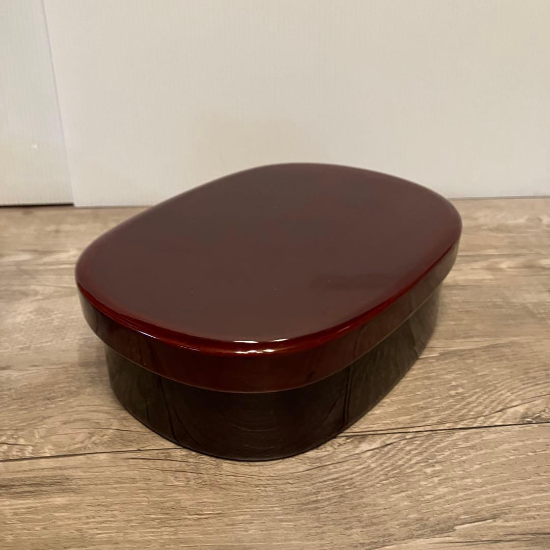 E-1 【味わい深い】漆器 小物入れ 溜塗り オーバル型 弁当箱 木箱付き