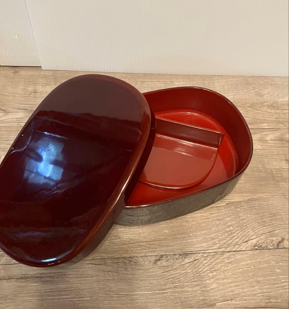 E-1 【味わい深い】漆器 小物入れ 溜塗り オーバル型 弁当箱 木箱付き