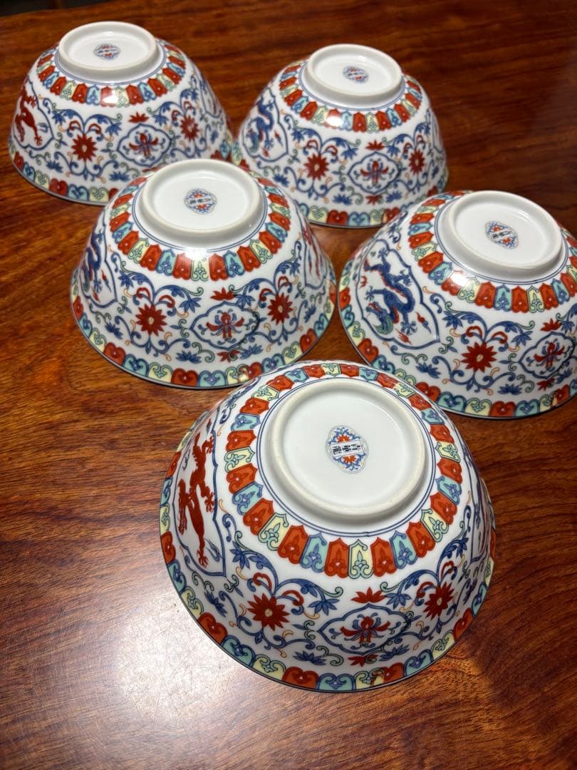 【美品】大昭和龍峰製_青華龍_五彩唐草_龍柄ラーメン茶碗5皿セット_有田焼龍峰窯