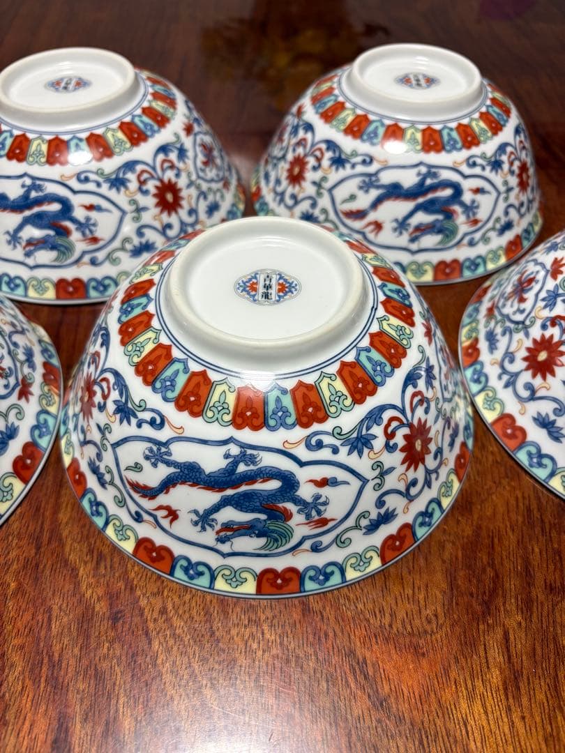 【美品】大昭和龍峰製_青華龍_五彩唐草_龍柄ラーメン茶碗5皿セット_有田焼龍峰窯