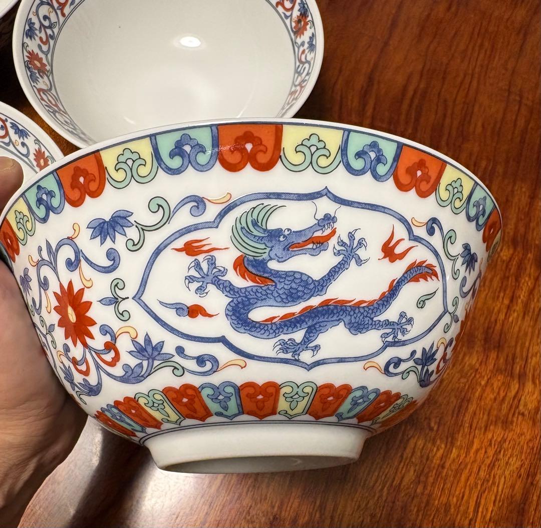 【美品】大昭和龍峰製_青華龍_五彩唐草_龍柄ラーメン茶碗5皿セット_有田焼龍峰窯