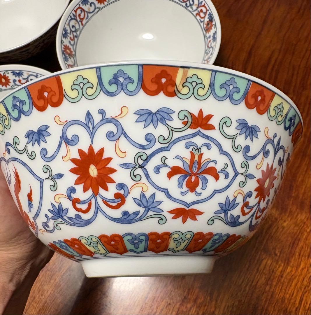 【美品】大昭和龍峰製_青華龍_五彩唐草_龍柄ラーメン茶碗5皿セット_有田焼龍峰窯