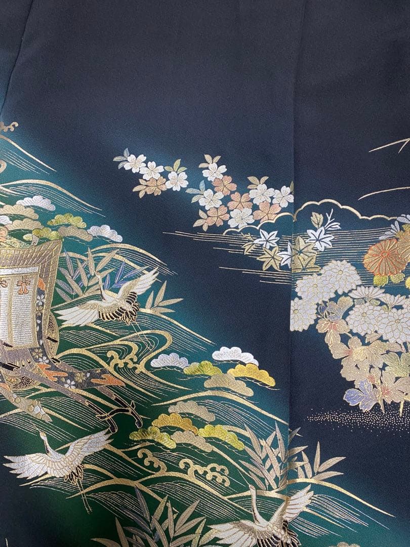 《LL 123cm》 緑花柄 黒留袖 ヨーク切り替え 七分袖 ワンピース 落款