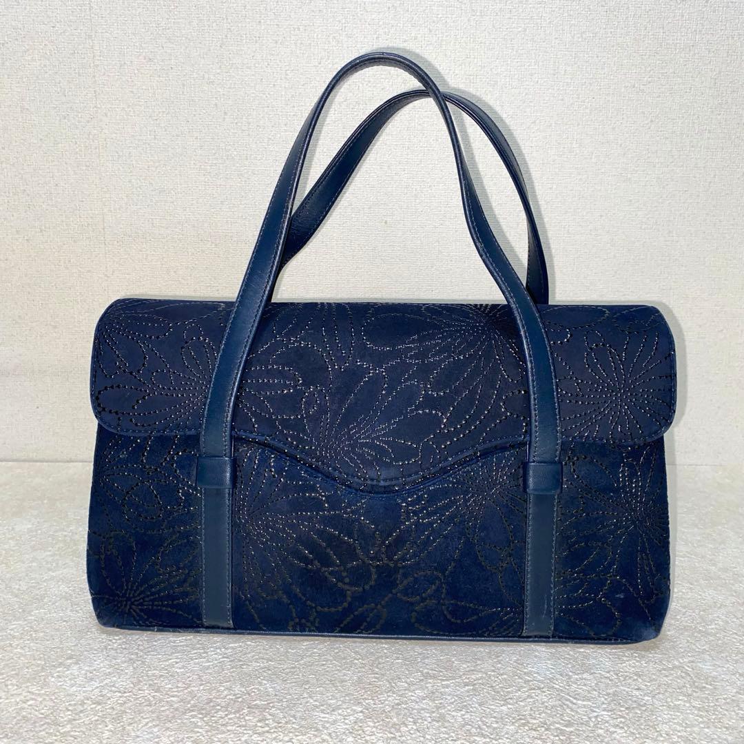 印伝屋　ハンドバック　ネイビー スエード 刺繍 和装用バッグ　横長　上品