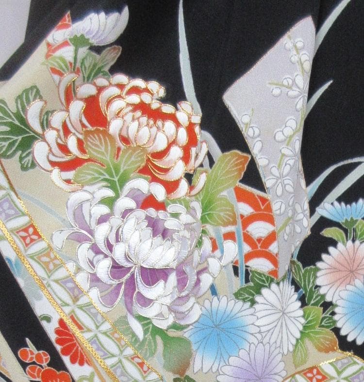 留袖リメイク　花柄　金糸銀糸刺繍　シルク　ロングワンピース　ウエストリボン紐付