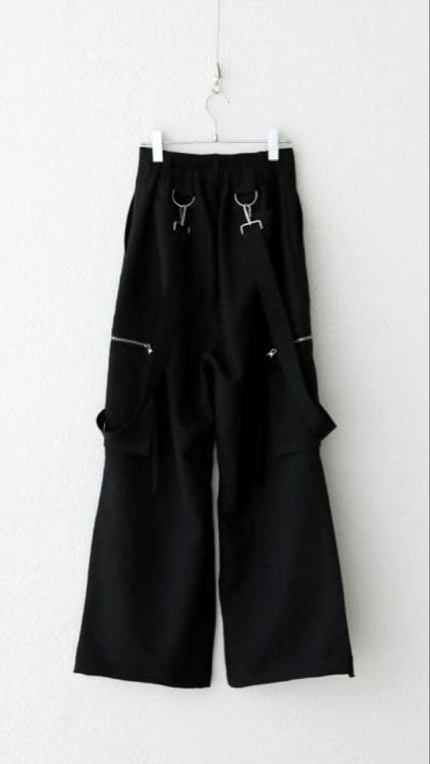 ルーズシルエットハイウエストサスペンダーZIPポケットデニムカーゴパンツ