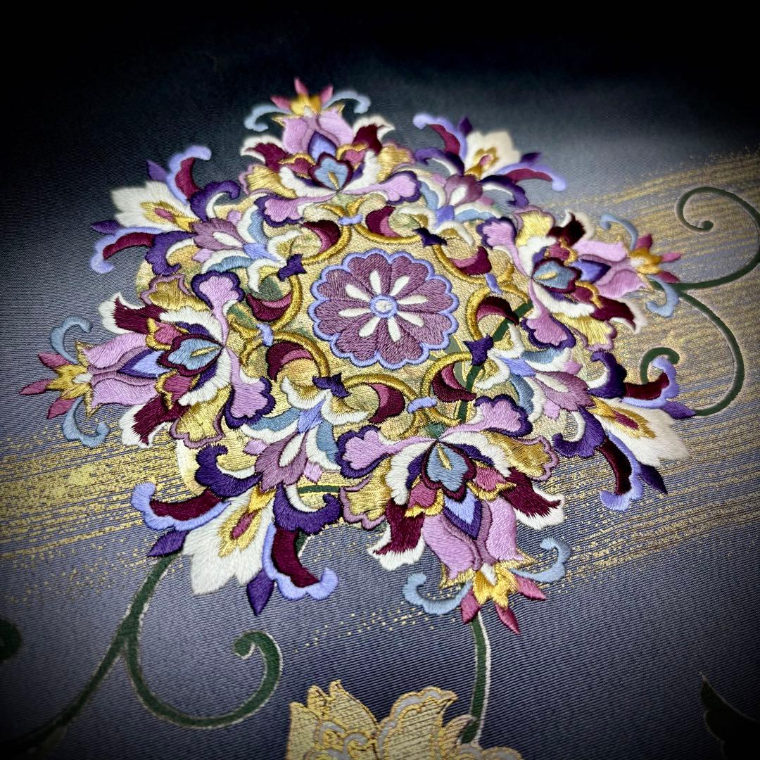 わた　着物リメイクワンピース　黒留袖ドレス　作家物　正倉院　刺繍　縦ライン