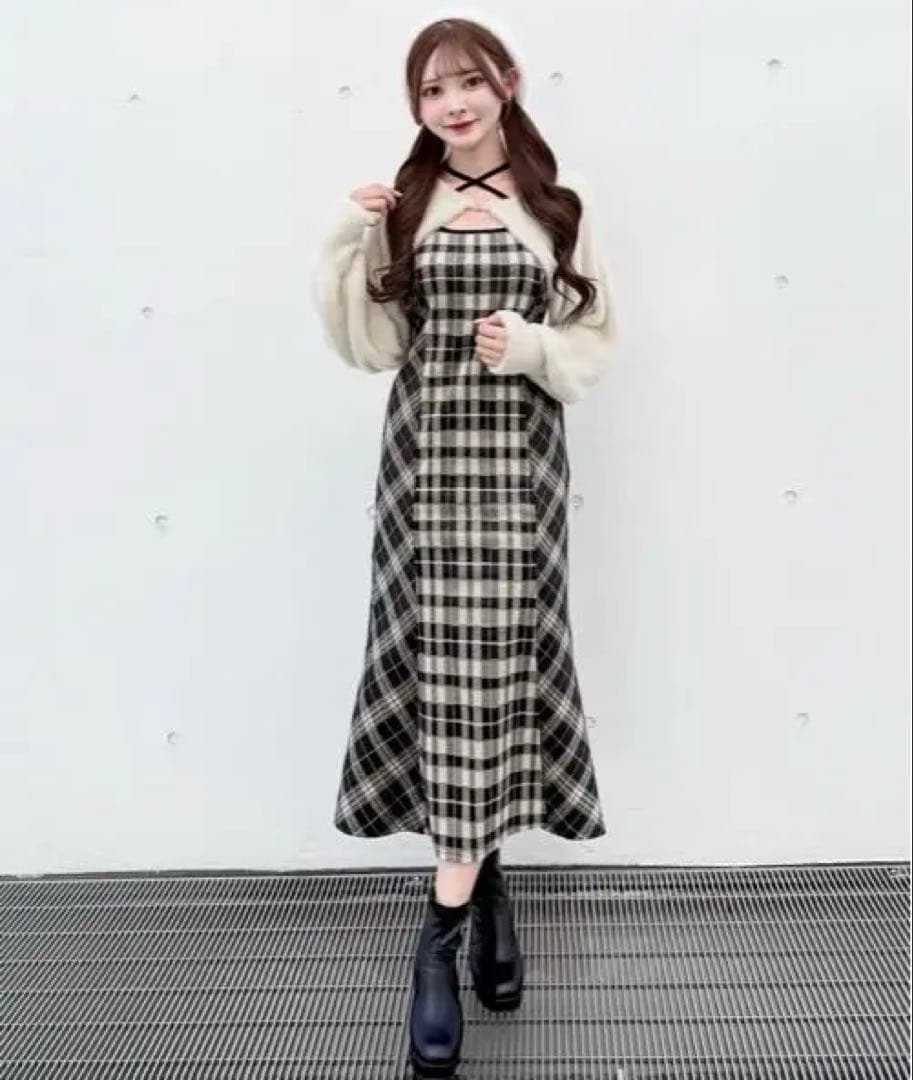 NOMAE シャギーボレロロングチェックワンピース