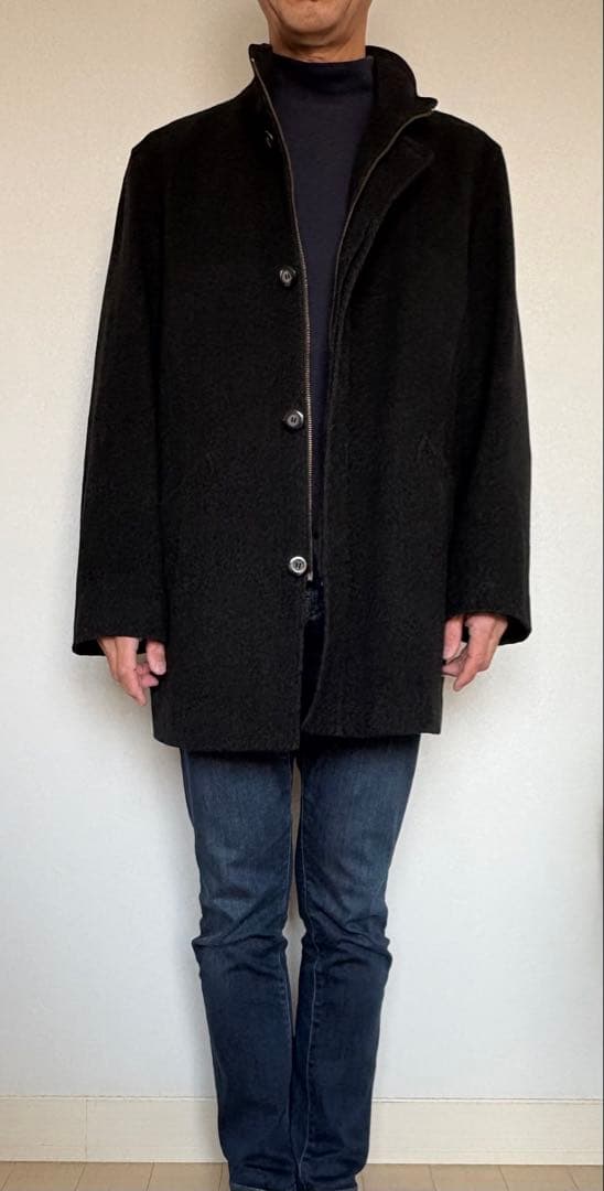 カシミヤ100%　黒のメンズスタンドカラーコート