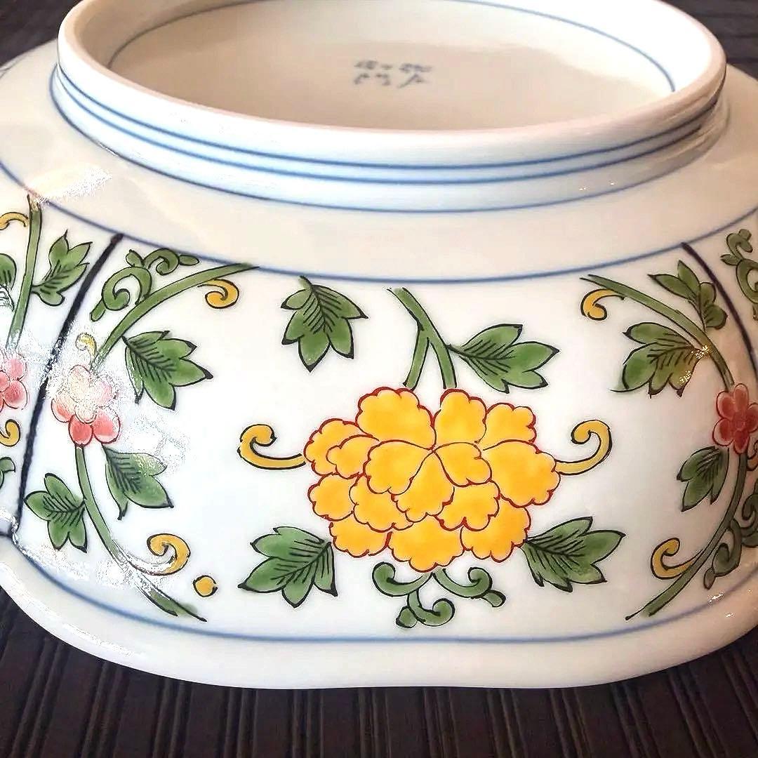 【未使用保管品】【弥左衛門窯】【古伊万里】染錦輪花盛鉢 龍 鳳凰紋 大皿