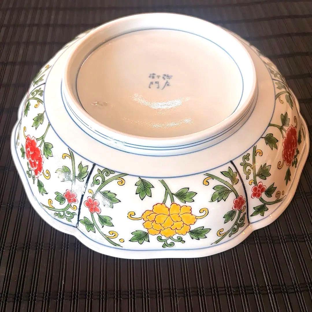 【未使用保管品】【弥左衛門窯】【古伊万里】染錦輪花盛鉢 龍 鳳凰紋 大皿