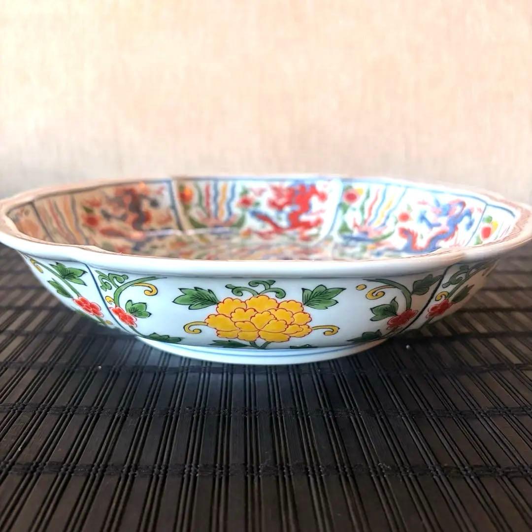 【未使用保管品】【弥左衛門窯】【古伊万里】染錦輪花盛鉢 龍 鳳凰紋 大皿
