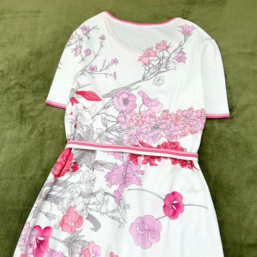 【レオナールファッション】半袖ワンピース　L　フランス製　花柄　ロング丈　上品