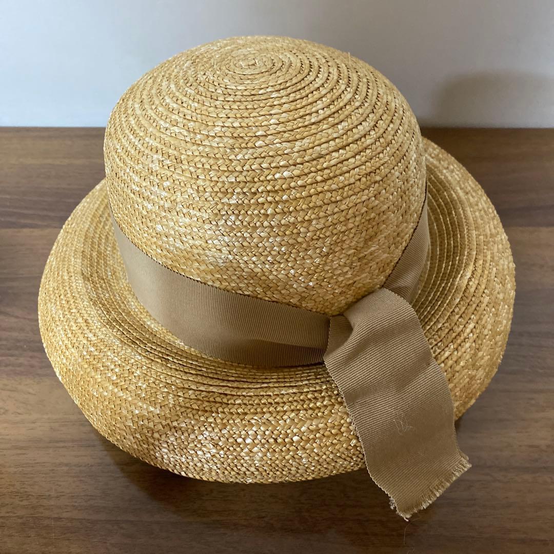 PUI Audrey hat 石田制帽 M ベージュ リボン 麦わら帽子 日本製