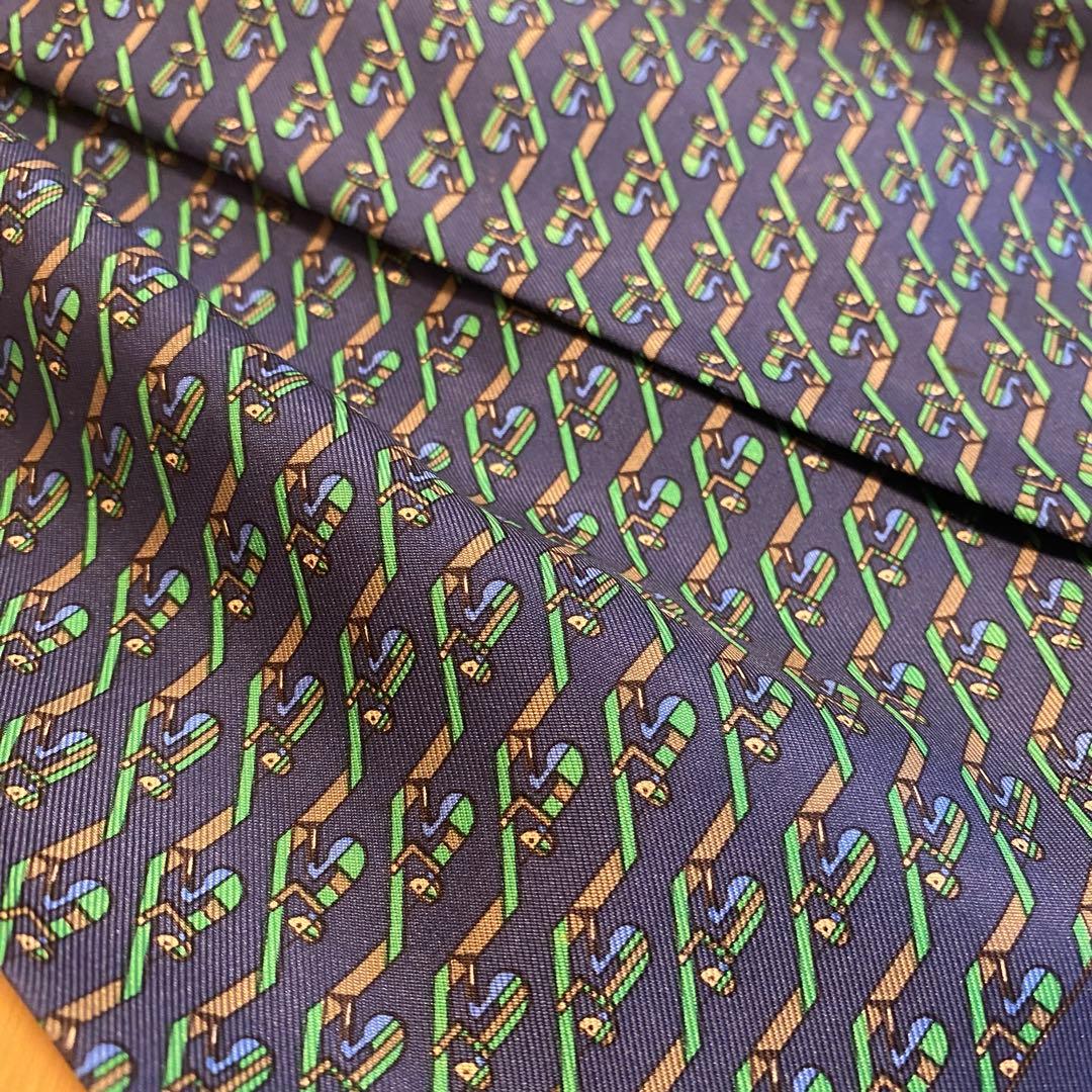 【仏製】HERMÈS エルメス アスコットタイ シルク ネイビー総柄 幅17cm
