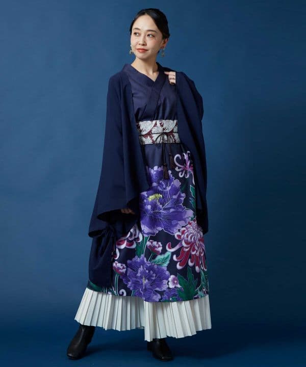 花々羽織付きワンピース　2点セット　セットアップ　春　花束　着物風　袷