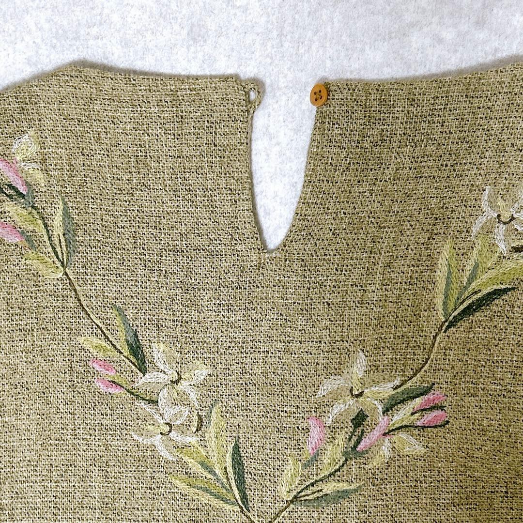 未使用級✨ 45R ギマツイード 刺繍 ワンピース ノースリーブ 花柄 R刺繍